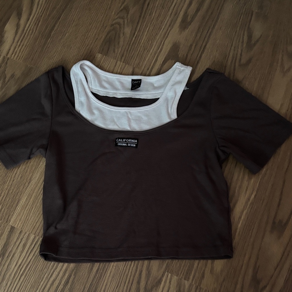 Dark Brown and White Layered Crop Top